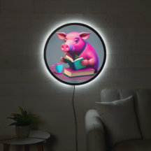 Porco Iluminado Lendo Um Sinal LED De Livro