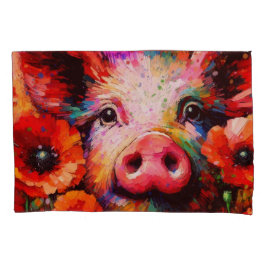 Porco Impressionista em Flores Vermelhas