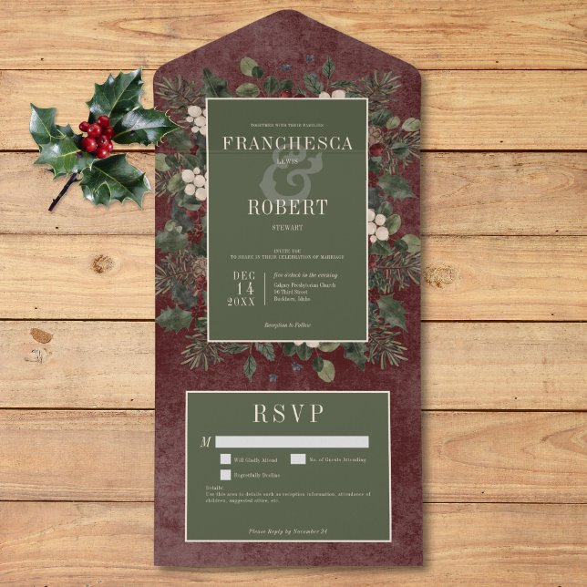 Pormenores da Rustic Winter Berries & Pine Burgund (Rustic Winter Berries & Pine Burgundy Details All In One Invitation)