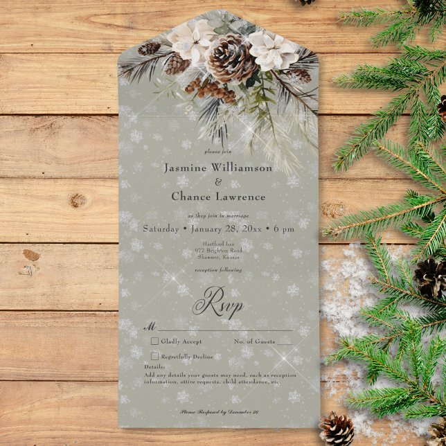 Pormenores da Snowfall Pine & White Floral Sage (Rustic Snowfall Pine & White Floral Sage Details All In One Invitation)