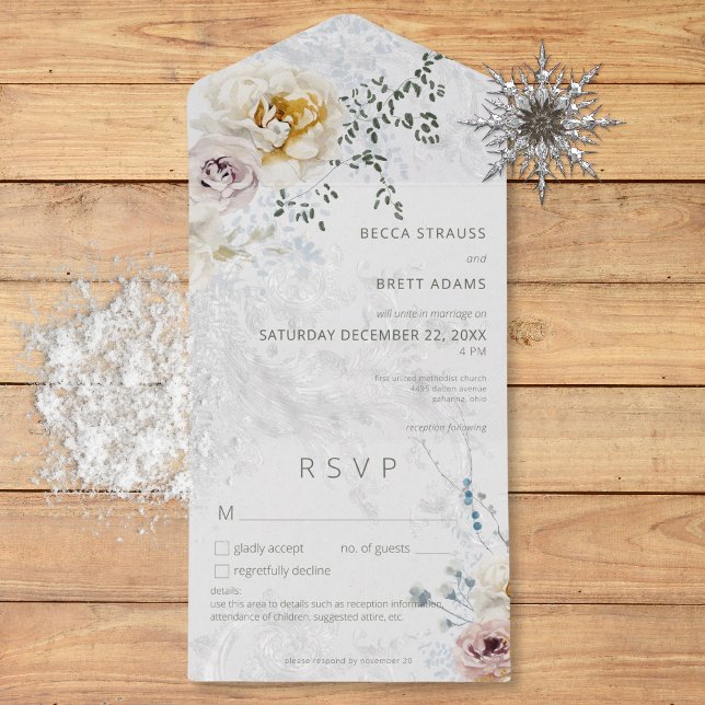Pormenores Modernos sobre Pastel Floral de inverno (Frosty Winter Pastel Floral Modern Details All In One Invitation)