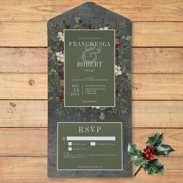Pormenores Russos dos Berries Winter & Pine Black (Rustic Winter Berries & Pine Black Details All In One Invitation)