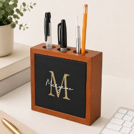 Porta-caneta Monograma Moderno Preto Dourado