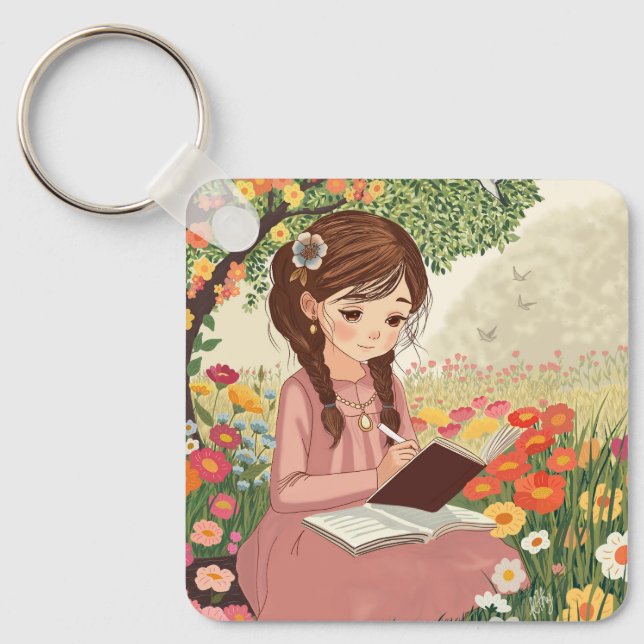 Porta-chaves Uma jovem de cabelos trançados (Frente)