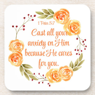 Porta-copo 1 Peter 5:7 Escritura de Bíblia Floral Laranja