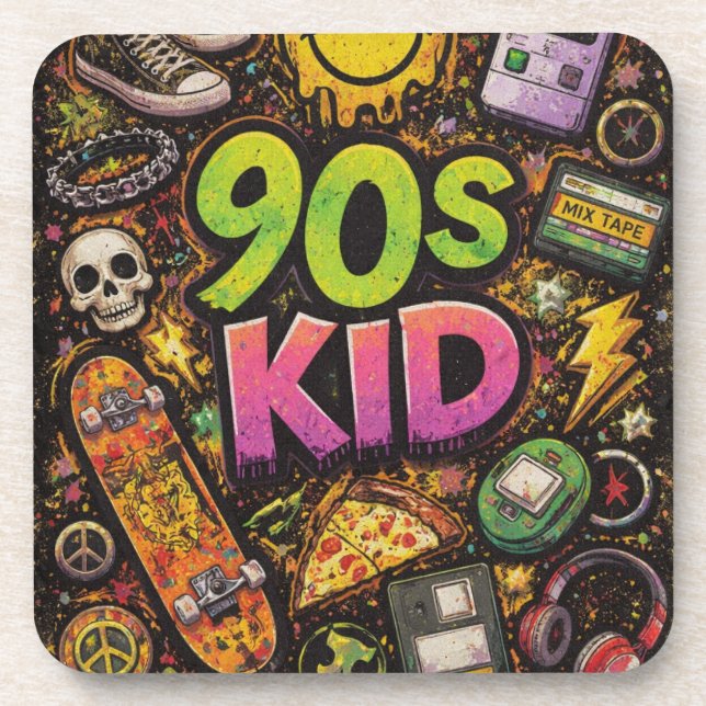 Porta-copo 90s Kids Grunge Seamless Pattern: Pizza, Skeletons (Frente)