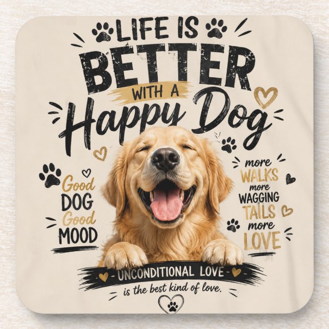 Porta-copo A Vida é Melhor Com Design de Cães Felizes (Frente)