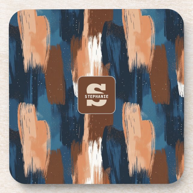 Porta-copo Abstrato Brushstrokes em Azul, Branco e Marrom (Frente)