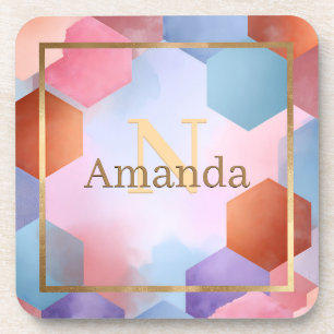 Porta-copo Abstrato Hexagon com um quadro Dourado e um nome p