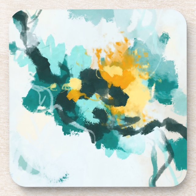 Porta-copo Abstrato moderno - Teal e Design pintado amarelo (Frente)