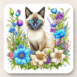 Porta-copo Ai Watercolor Gato Siamês em Flores