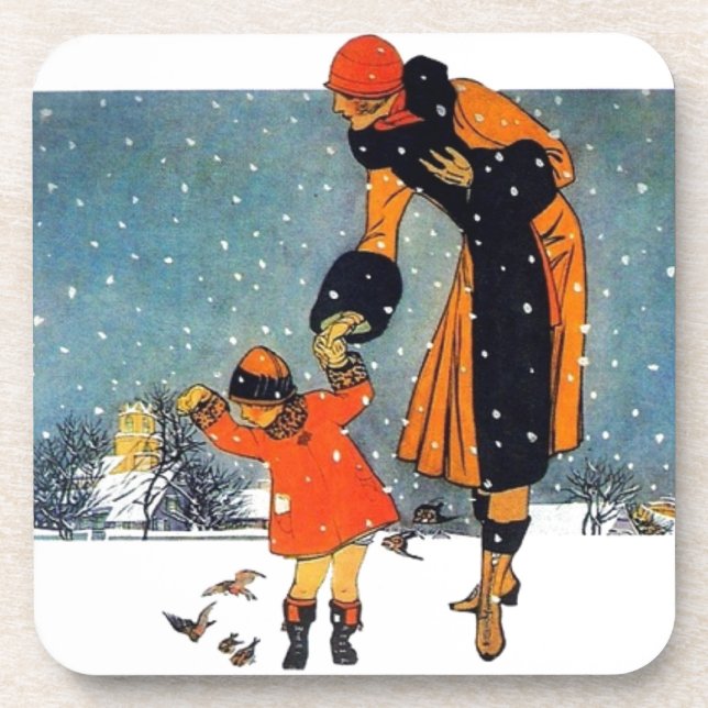 Porta-copo Alimentando aves na neve (Frente)