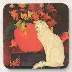 Porta-copo Animais Antigos, Gato Branco Elegante, Flores de O