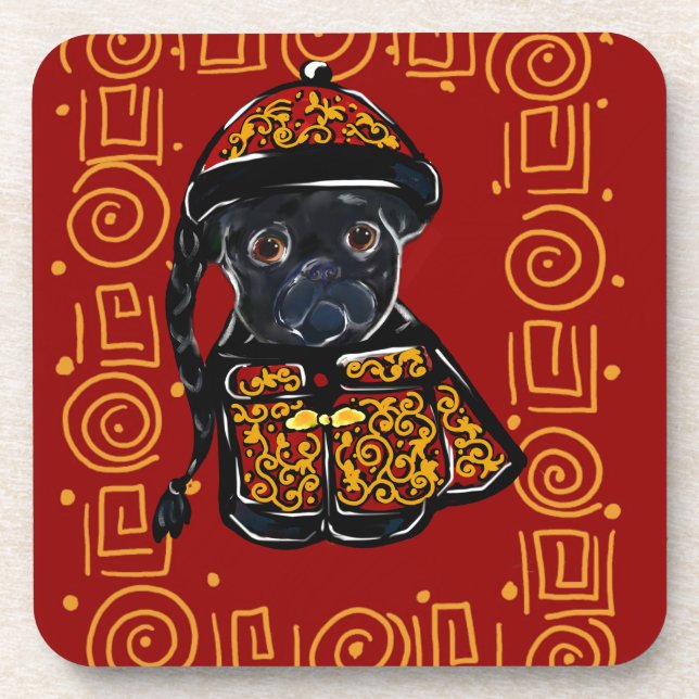 Porta-copo Ano do Cão Pug Preto (Frente)