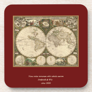 Porta-copo Antique 1660 Mapa Mundial de Frederick de Wit