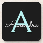 Porta-copo Aqua Teal Blue Script Girly Monographic Name<br><div class="desc">Portas copos de papel com o nome de um script simples,  preto e azul-claro,  com formato simples. Isso faz a formatura perfeita,  aniversário,  casamento,  chá de panela,  aniversário,  chá de fraldas ou presente de festa de solteira para alguém que ama luxo de vidro e estilos quíticos.</div>