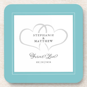 Porta-copo Aqua & White Elegant Wedding Hearding Forever Love