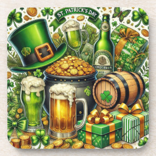 Porta-copo Aquarela Dia de São Patrício Cerveja, Moedas e Tre