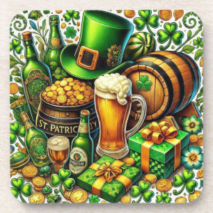 Porta-copo Aquarela Dia de São Patrício Cerveja, Moedas e Tre