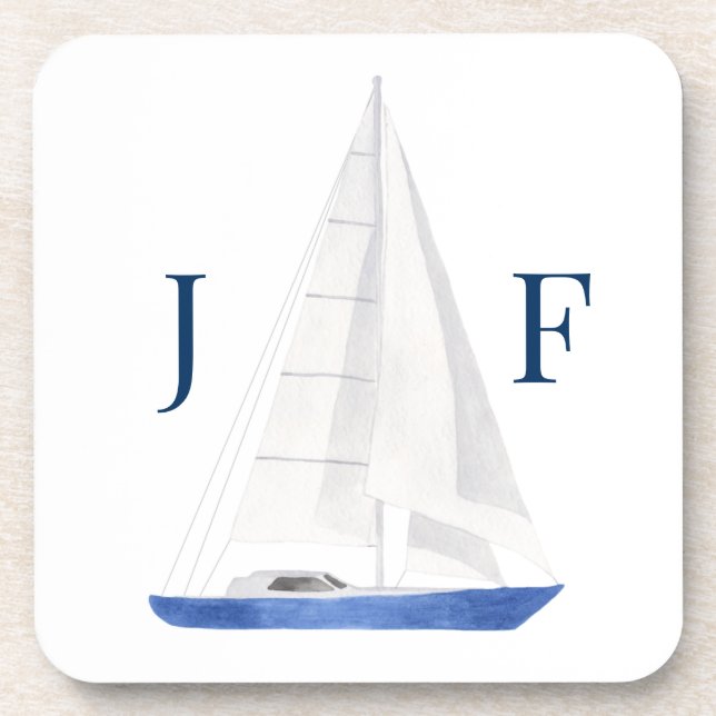 Porta-copo Aquarela Náutica de Barco à Vela Monogramada (Frente)