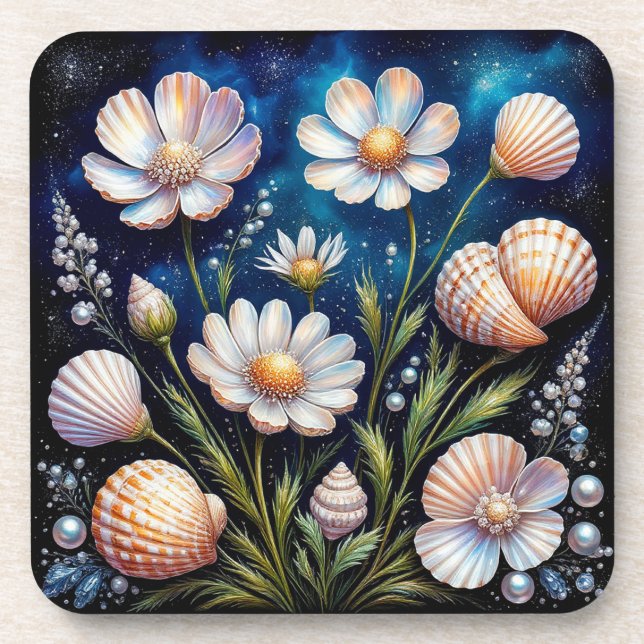 Porta-copo Arranjo Floral Elegante com Conchas Marinhas (Frente)