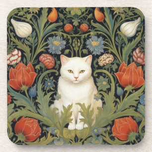 Porta-copo Art nouveau, gato branco no jardim