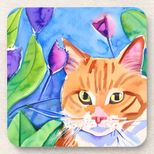 Arte Colorida em Aquarela | Gato Laranja e Flores