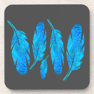 Porta-copo Arte de penas aquarela boho azul