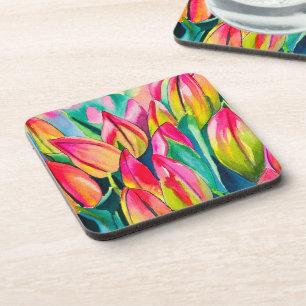 Porta-copo Arte de tulipas de aquarela rosa