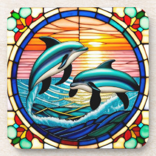 Porta-copo Arte de Vidro Colorido com Golfinhos Saltando ao P