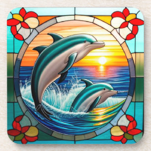 Porta-copo Arte de Vidro Pintado com Golfinhos Saltando ao Pô