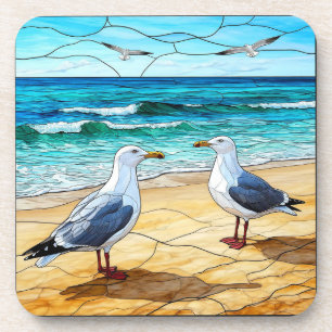 Porta-copo Arte de Vidro Pintado de Gaivotas numa Praia
