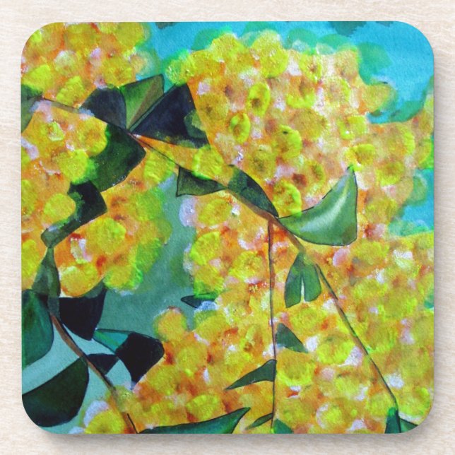 Porta-copo Arte floral australiana original de Wattle (Frente)