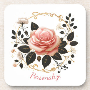 Porta-copo Arte Floral Rosa Elegante & Personalizado em Ouro