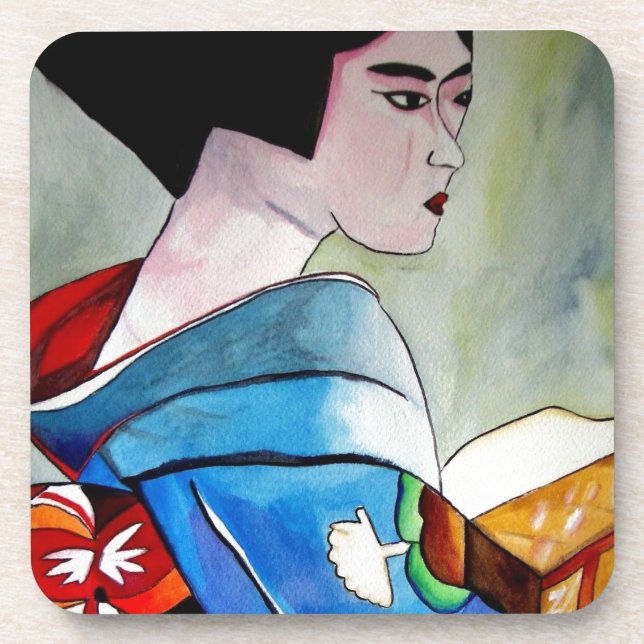 Porta-copo Arte original de Geisha Japonesa com Kimono Azul (Frente)