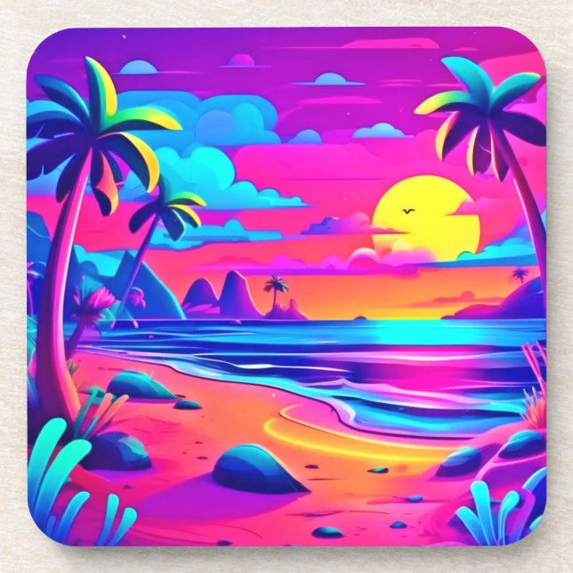 Porta-copo Arte Sunset de Neon Beach tropical (Frente)