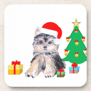 Porta-copo Árvore de Natal, cachorro Yorkshire e presentes