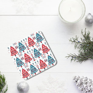 Porta-copo Árvore de Natal Vermelha e Azul Fofo Padrão Nórdic