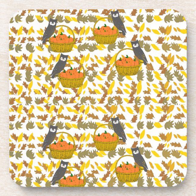 Porta-copo Autumn Owl and Pumpkin Pattern Plastic Coaster Set (Frente)