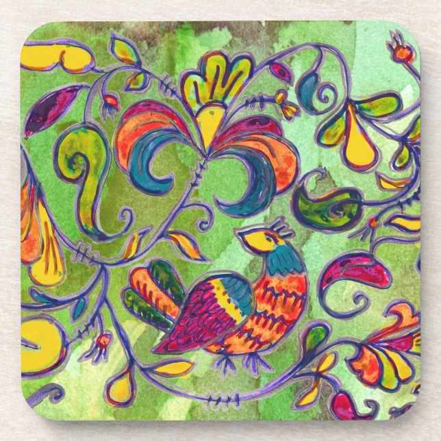 Porta-copo Aves de norte com erva verde (Frente)