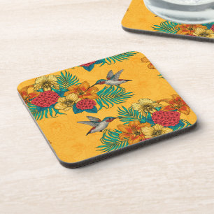 Porta-copo Aves e buquês tropicais em amarelo