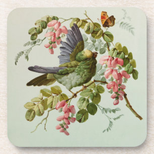 Porta-copo Aves Verdes Vintage e Flores Rosa