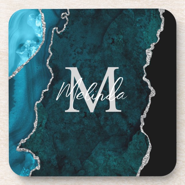 Porta-copo Azul Teal e Agato Marmoso Prateado (Frente)