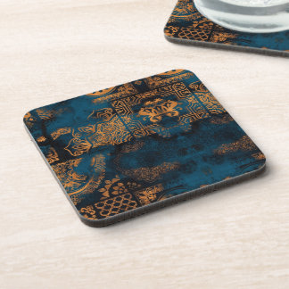 Porta-copo Azul Turquesa e Dourado Azulejo Geométrico Antigo