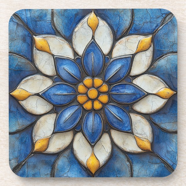 Porta-copo Azulejo Azul Azul Branco e Amarelo (Frente)