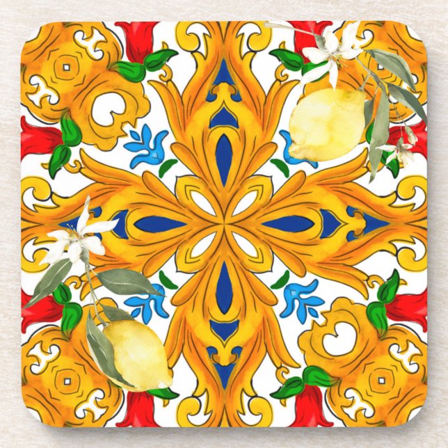 Porta-copo Azulejos sicilianos,majolica,limão,Azulejo cerâmic (Frente)