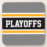 Porta-copo Bandas de Cinza Negra Amarelas PLAYOFFS<br><div class="desc">Este design desportivo,  colorido,  apresenta dentro de texto PLAYOFFS atlético com uma faixa preta larga realçada com pinstripes brancas e amarelas contra faixas exteriores de cinza. O texto e as cores neste design podem ser personalizados.</div>