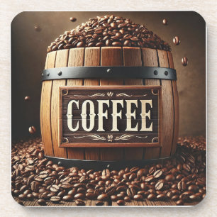 Porta-copo Barril Rústico de Grãos de Café com Placa Artístic
