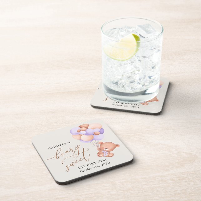 Porta-copo Bebê Urso, Balões Roxos, Primeiro Aniversário (Lado Direito)