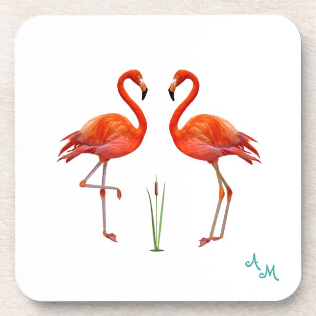 Porta-copo Belo pássaro flamingo rosa e monograma em branco (Frente)